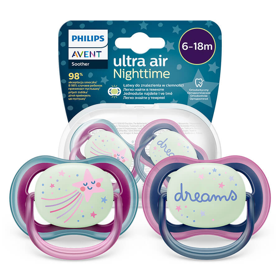 Avent Ultra Air Nighttime, chupete calmante, silicona, simétrico, brilla en la oscuridad, niña, SCF376/14, 6-18 meses, 2 piezas