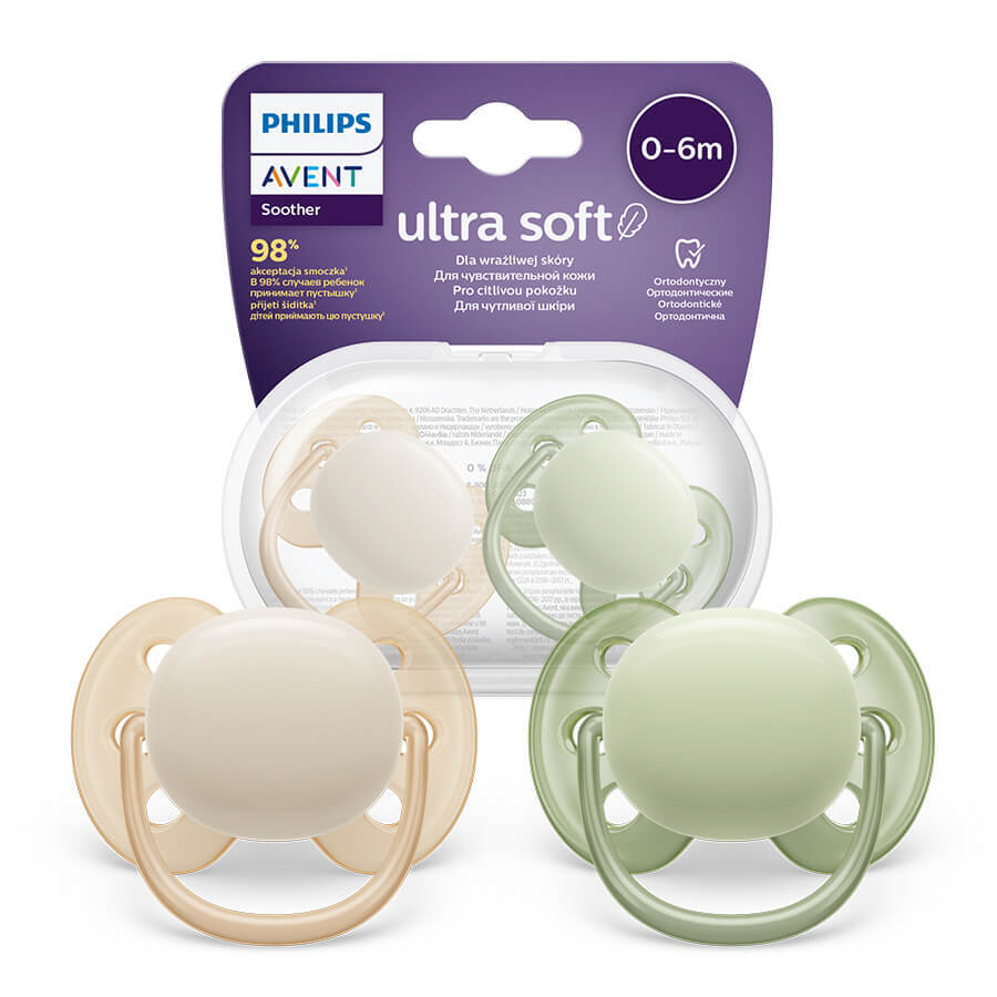 Avent Ultra Soft, sucette, silicone, symétrique, neutre, SCF091/05, 0-6 mois, 2 pièces