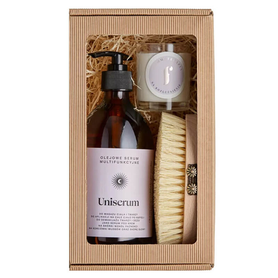 Flagolie Christmas Spa Set, Uniserum Ölserum, 500 ml + Körpermassagebürste, 1 Stück + Aromatherapie Sojakerze, Zur Entspannung, 70 g