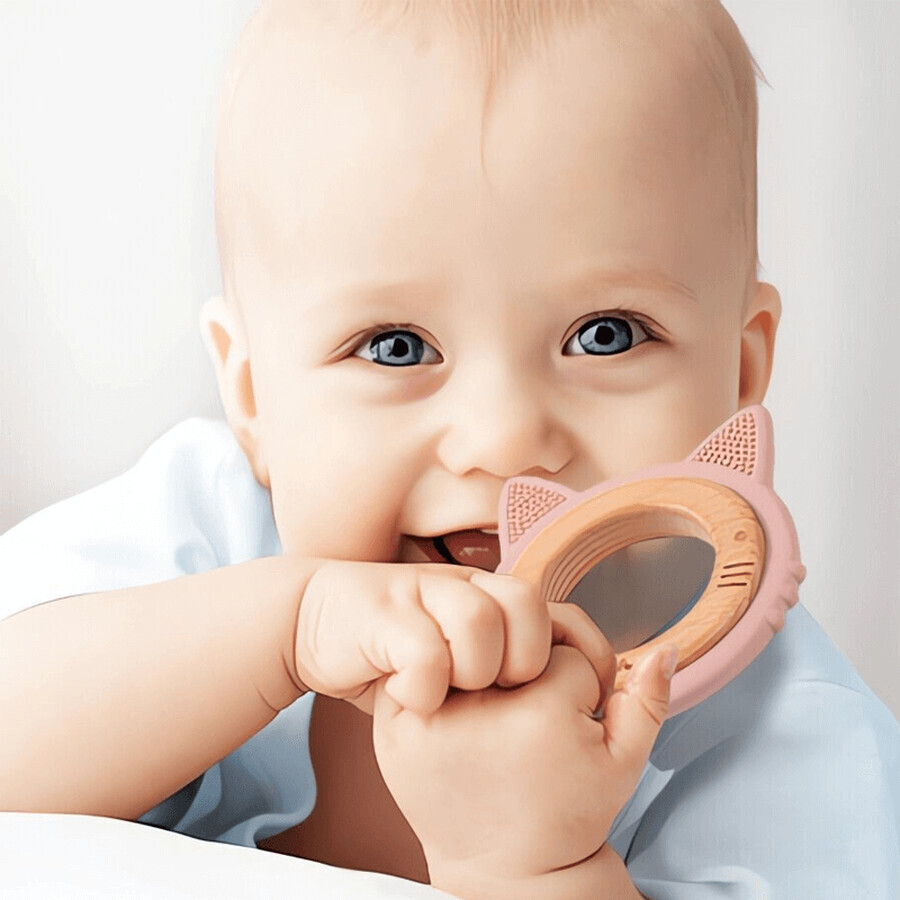 BabyOno, jouet de dentition en bois et silicone, chaton, rose, dès la naissance, 1 pc.