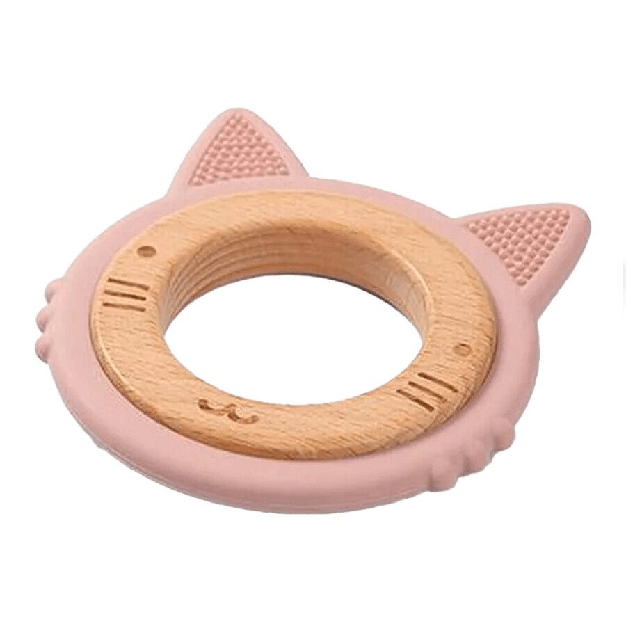 BabyOno, jouet de dentition en bois et silicone, chaton, rose, dès la naissance, 1 pc.