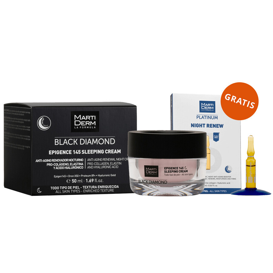 Set avec MartiDerm Black Diamond Epigence 145 Sleeping Cream gratuit, crème de nuit, 50 ml + Platinum Night Renew, booster de nuit, 2 ml x 5 ampoules