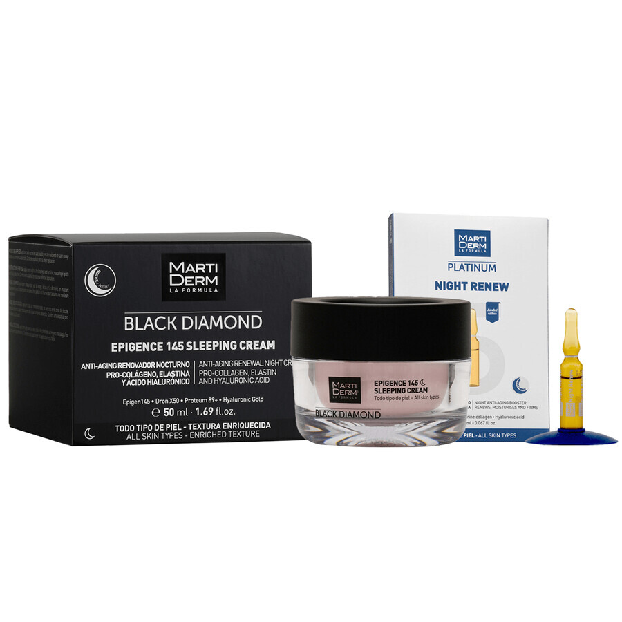 Set avec MartiDerm Black Diamond Epigence 145 Sleeping Cream gratuit, crème de nuit, 50 ml + Platinum Night Renew, booster de nuit, 2 ml x 5 ampoules