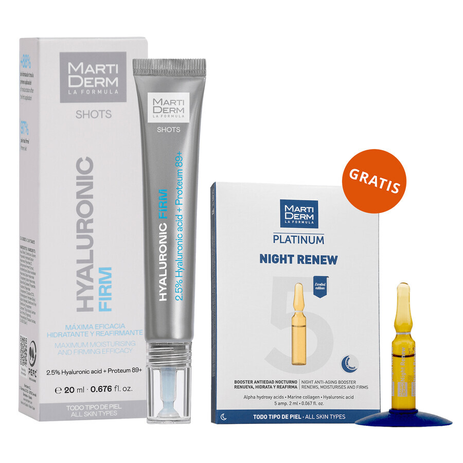 Set con MartiDerm Shots Hyaluronic Filler, siero per il viso, 20 ml + Platinum Night Renew, booster notturno, 2 ml x 5 fiale