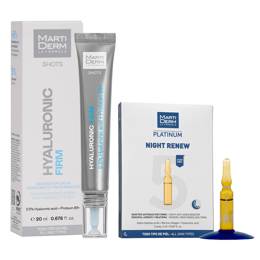 Set con MartiDerm Shots Hyaluronic Filler, siero per il viso, 20 ml + Platinum Night Renew, booster notturno, 2 ml x 5 fiale