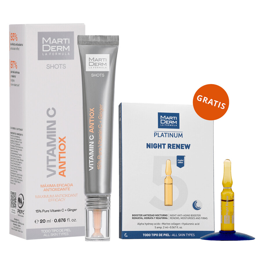 Set avec MartiDerm Shots Vitamin C Antiox, sérum pour le visage, 20 ml + Platinum Night Renew, booster de nuit, 2 ml x 5 ampoules