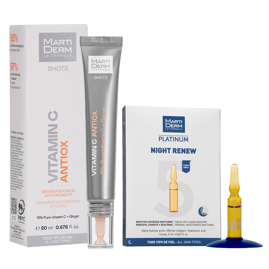 Set avec MartiDerm Shots Vitamin C Antiox, sérum pour le visage, 20 ml + Platinum Night Renew, booster de nuit, 2 ml x 5 ampoules