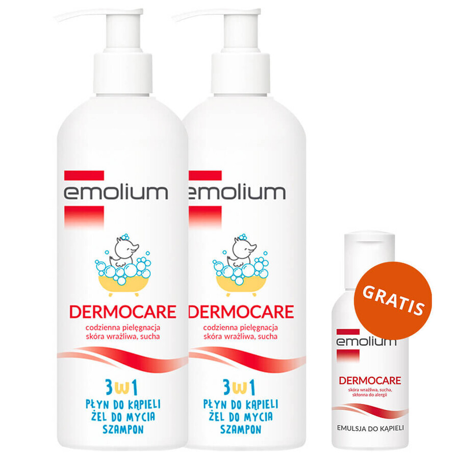 Emolium Dermocare 3-in-1 set, lotion de bain, gel lavant et shampooing, après 1 mois, 2 x 400 ml + émulsion de bain, 50 ml gratuit