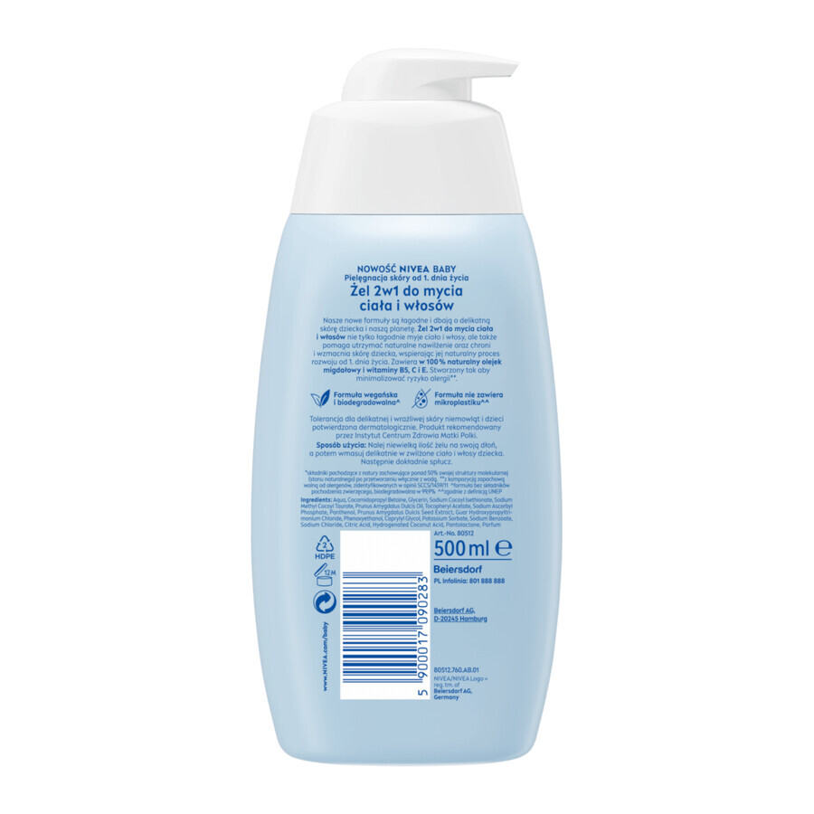 Nivea Baby, gel 2 en 1 para lavar cuerpo y cabello, desde 1 día de vida, 500 ml