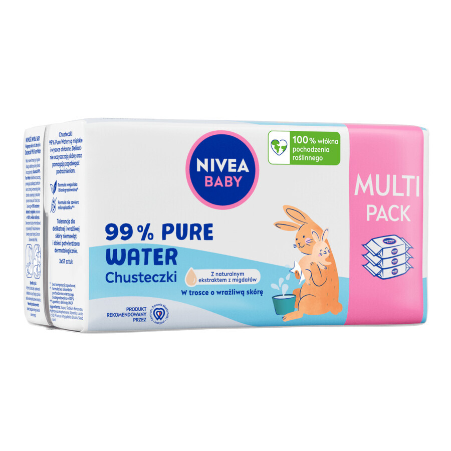 Nivea Baby 99% Pure Water, lingettes humides biodégradables, 3 x 57 pièces