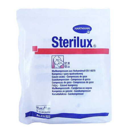 Sterilux, compresses de gaze stériles, 17 fils, 12 couches, 10 cm x 10 cm, 3 pcs.