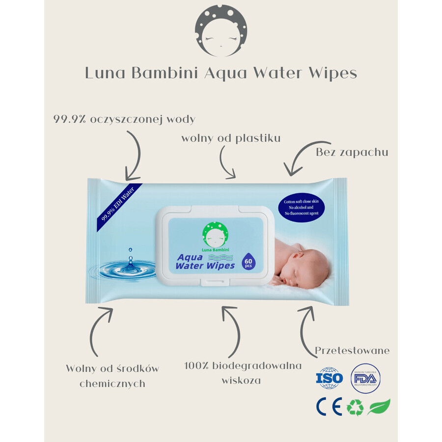 Luna Bambini Aqua Water Wipes, lingettes humides, eau, 50 pièces