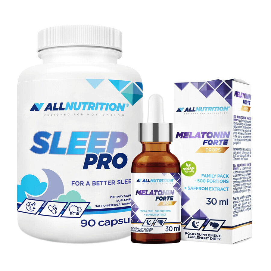 Set Allnutrition Mélatonine Forte Gouttes, 30 ml + Sleep Pro, 90 gélules