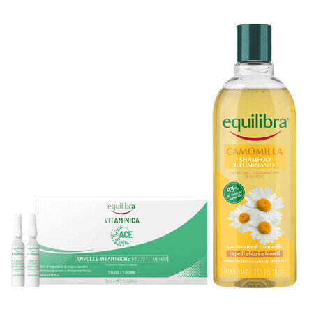 Set Equilibra Vitaminica Ace, ampollas de vitaminas reparadoras, 2,5 ml x 7 ampollas + Camomila, champú iluminador de manzanilla, 300 ml