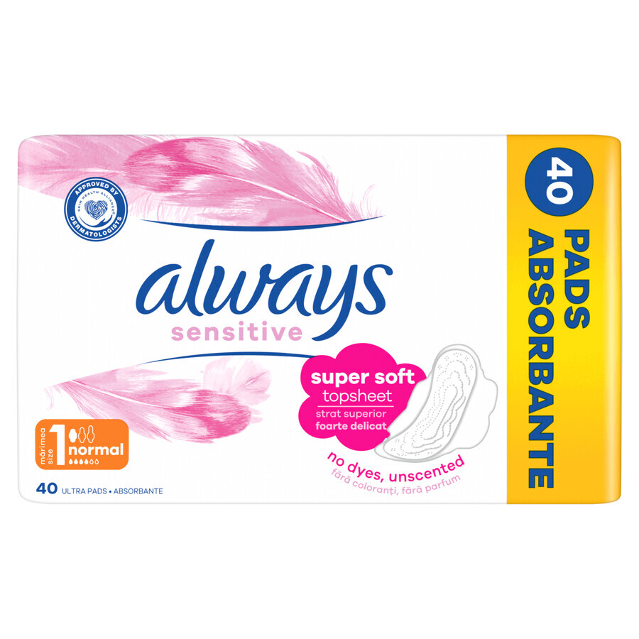 Always Sensitive, toallas sanitarias con alas, talla 1, Normal, 40 unidades