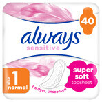 Always Sensitive, toallas sanitarias con alas, talla 1, Normal, 40 unidades