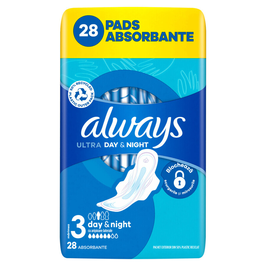 Always Ultra, toallas sanitarias con alas, talla 3, Día y Noche, 28 unidades