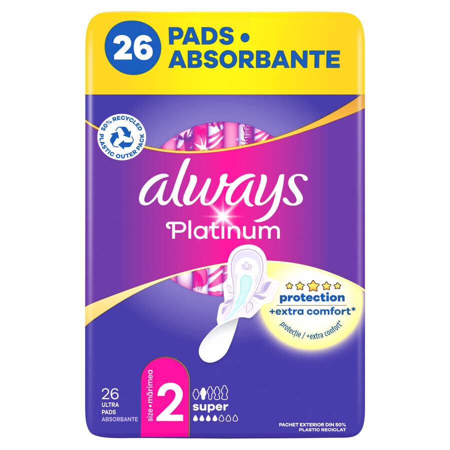 Always Platinum, compresas higiénicas con alas, talla 2, Super, 26 unidades