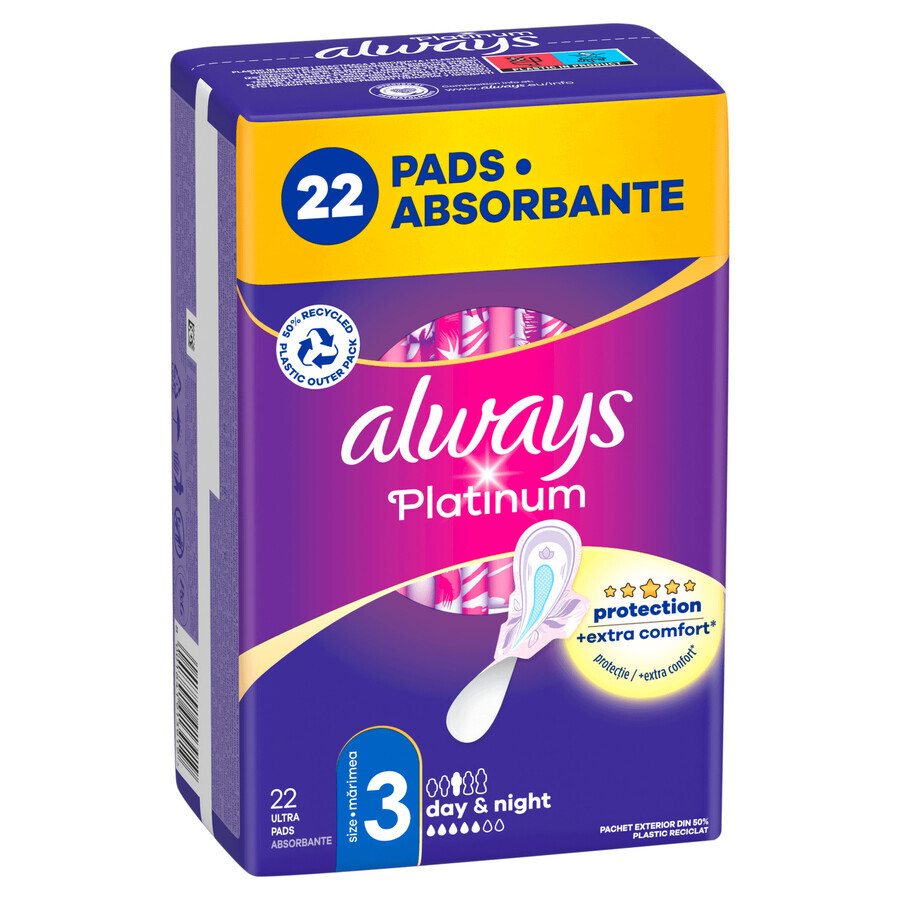 Always Platinum Winged Sanitary Napkins, Size 3, Day & Night, 22 Count