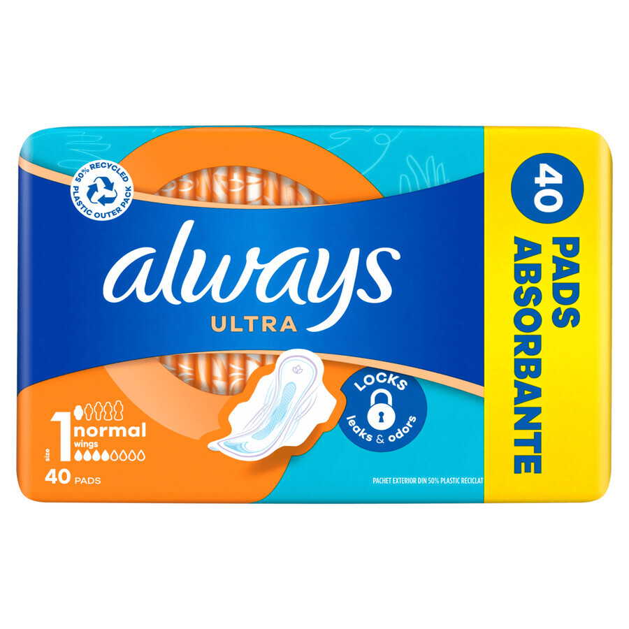 Always Ultra, serviettes hygiéniques avec ailettes, taille 1, Normal, 40 pcs