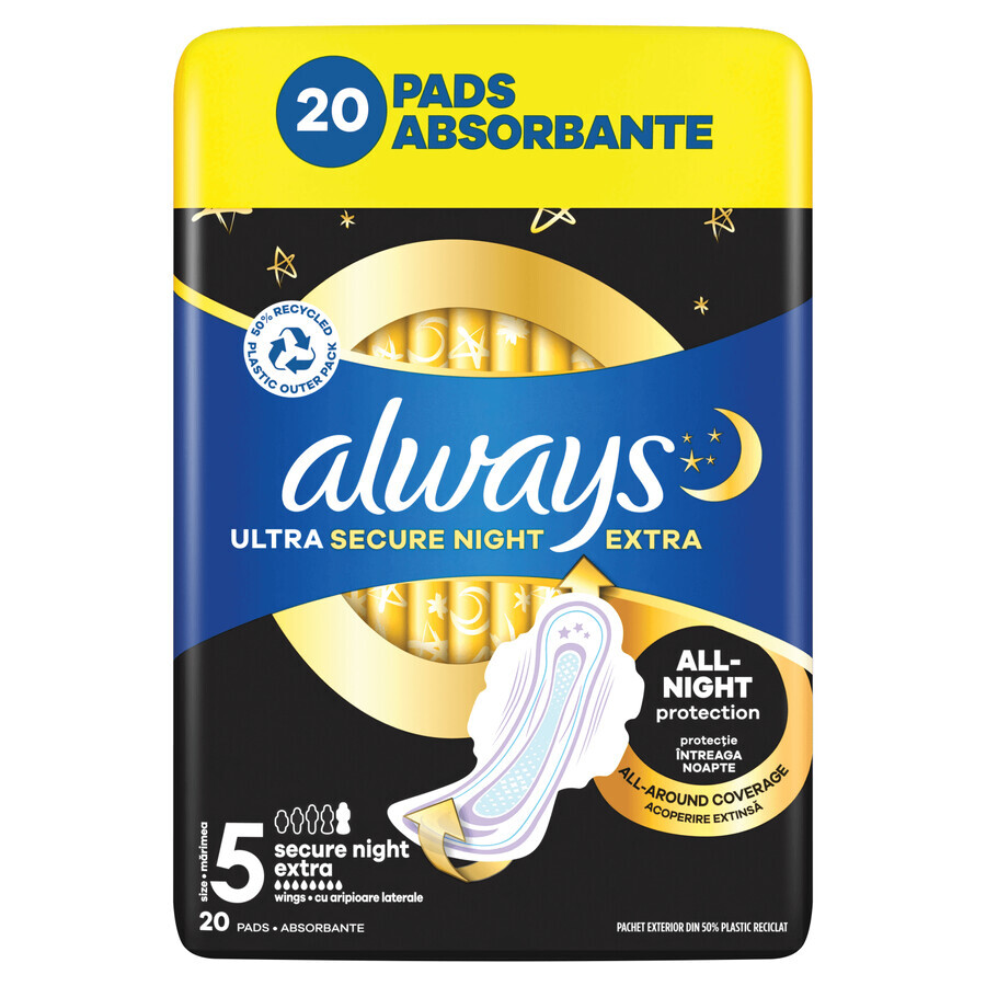 Always Ultra, serviettes hygiéniques avec ailettes, taille 5, Secure Night Extra, 20 pièces