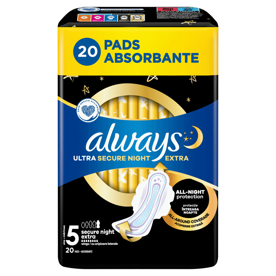 Always Ultra, serviettes hygiéniques avec ailettes, taille 5, Secure Night Extra, 20 pièces