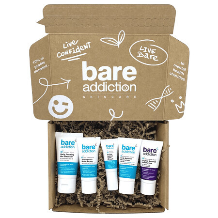 Bare Addiction Clear Skin kit, gel de curățare, 15 ml + ser, 30 ml + cremă de zi, SPF 30, 15 ml + cremă de noapte, 15 ml + gel pentru pete, 8 ml