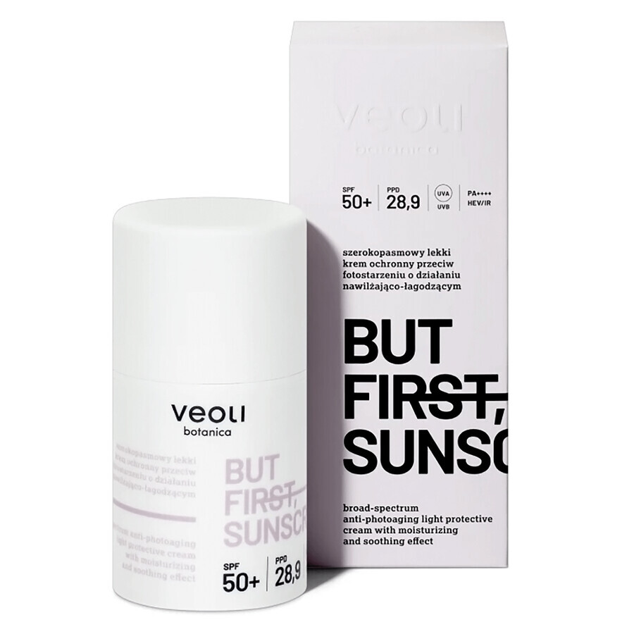 Veoli Botanica Pero Primero, Protector solar, crema fotoprotectora de amplio espectro contra el fotoenvejecimiento con acción hidratante y calmante, FPS 50+, 50 ml