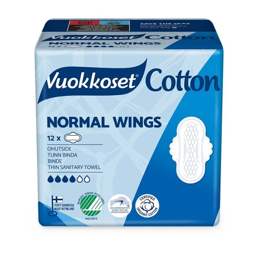 Vuokkoset Coton, serviettes hygiéniques avec ailettes, Ailes normales, 12 pcs