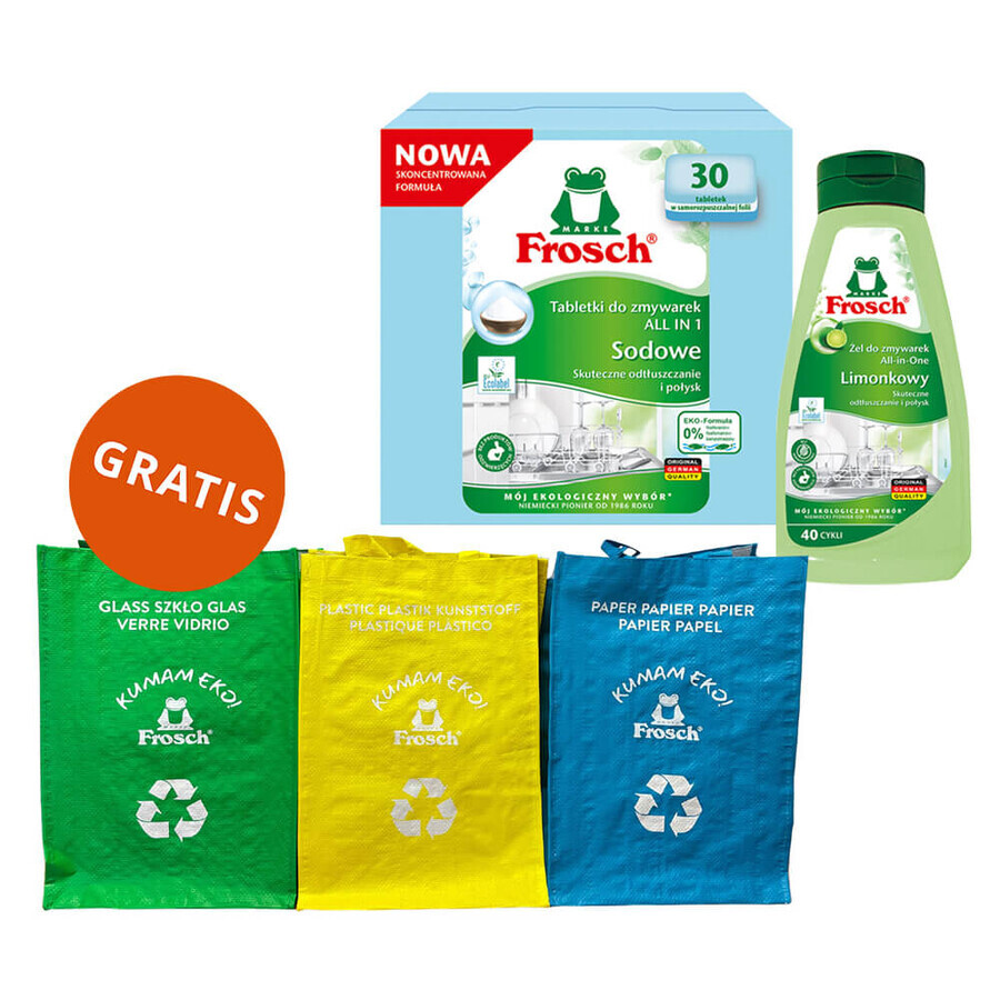 Set Frosch, All In 1 tablettes pour lave-vaisselle, soda, 30 pcs + gel détergent pour lave-vaisselle, lime, 650 ml + sacs de recyclage, 3 pièces gratuites