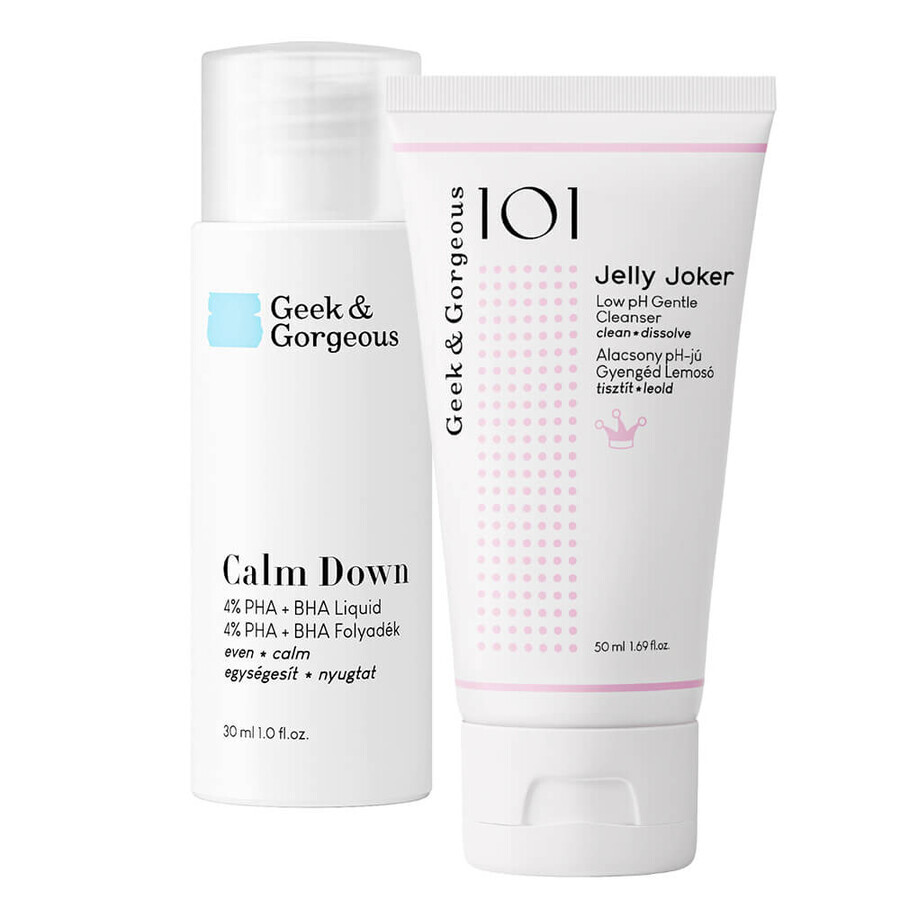 Geek &amp; Gorgeous Calm Down, exfoliant doux avec 4% d'acides PHA + BHA, 30ml + Jelly Joker, gel nettoyant doux pour le visage, 50ml gratuit