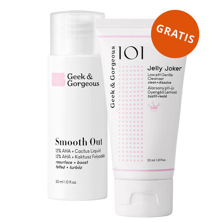 Geek &amp; Gorgeous Smooth Out, krachtige scrub met 12% AHA zuren en verzachtende cactusvijg, 30ml + Jelly Joker, zachte gezichtsreinigingsgel, 50ml gratis