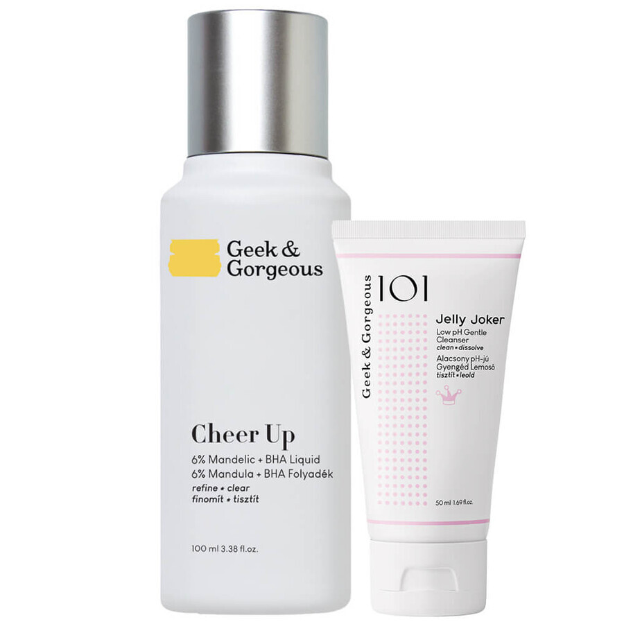 Geek &amp; Gorgeous Cheer Up, exfoliante con 6% ácido mandélico + BHA de potencia media, 100 ml + Jelly Joker, gel limpiador facial suave, 50 ml gratis