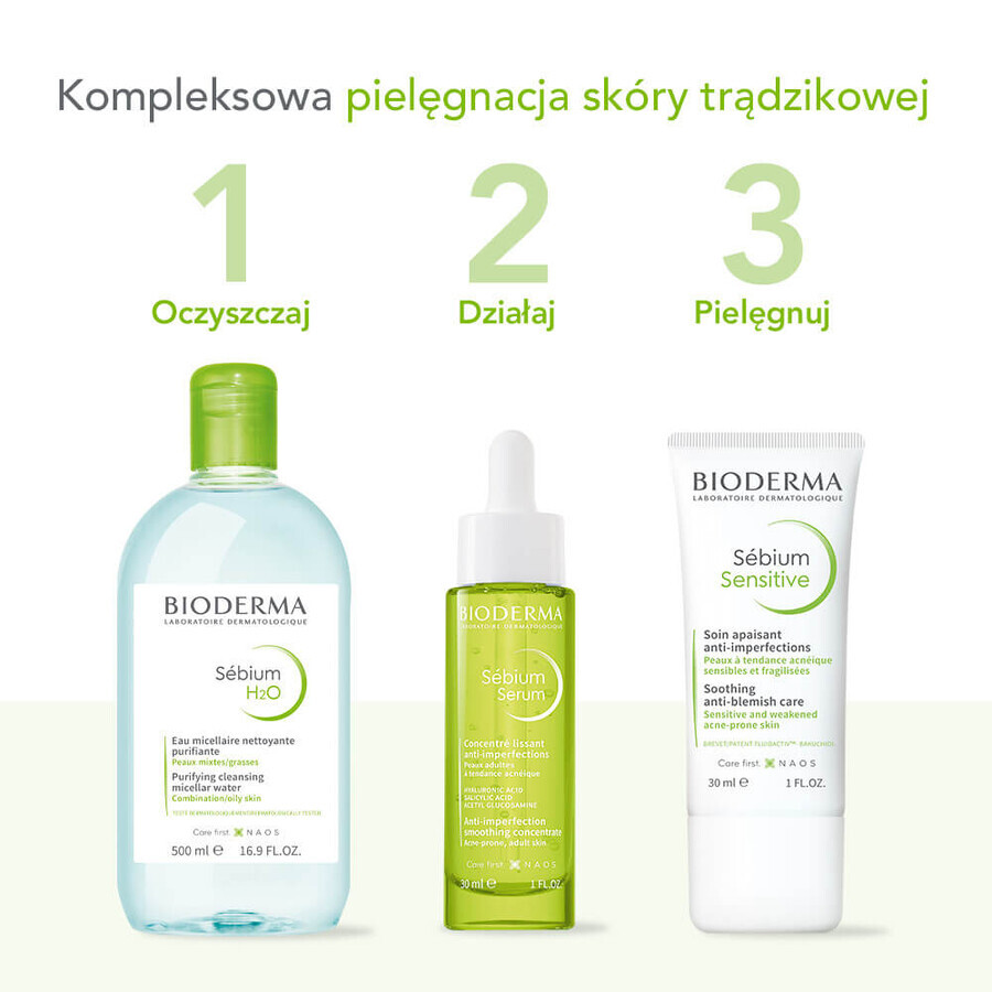 Bioderma Sebium set, sérum suavizante antiedad, 30 ml + fluido micelar para pieles grasas, mixtas y con acné, 250 ml