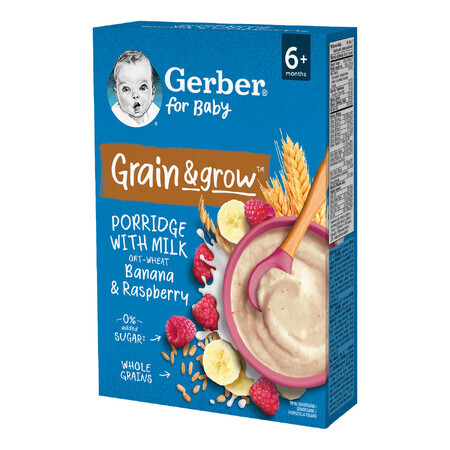 Gerber Grain &amp; Grow Porridge di avena e frumento, banana, lampone, latte, senza zuccheri aggiunti, dopo 6 mesi, 200 g