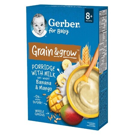 Gerber Grain &amp; Grow Porridge d'avoine et de blé, banane, mangue, lait, sans sucre ajouté, après 8 mois, 200 g