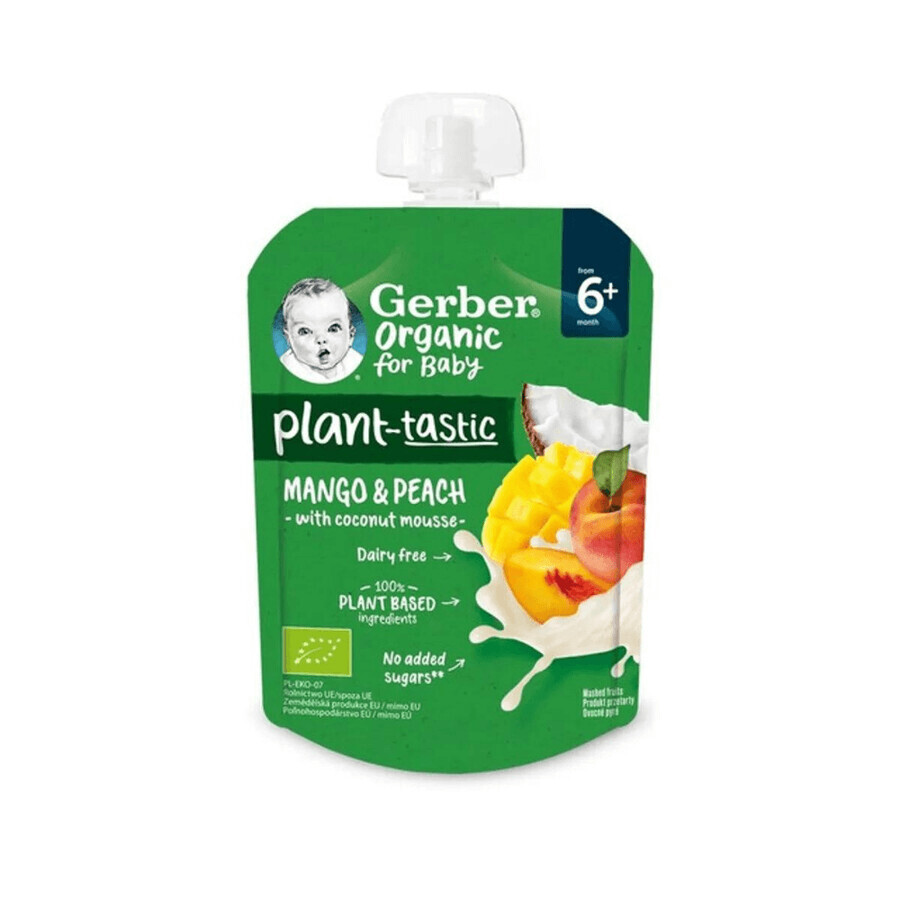 Gerber Organic Plant-Tastic Dessert într-un tub, mango și piersică cu mousse de nucă de cocos, fără zahăr adăugat, după 6 luni, 80 g