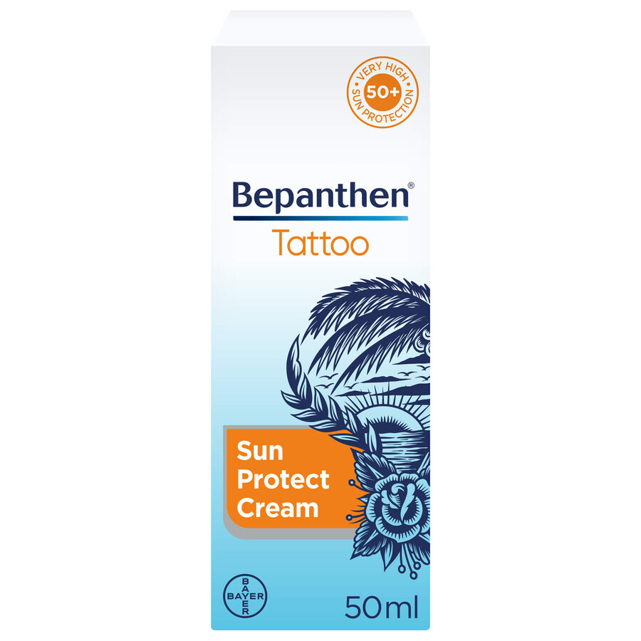 Bepanthen Tattoo, crème solaire pour peaux tatouées, SPF50+, 50 ml