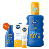 Nivea Sun Kids Protect &amp; Care Set, Spray protettivo per bambini, SPF 50+, 200 ml + Crema protettiva per il viso, SPF 50, 50 ml + Lozione solare, SPF 30, 30 ml gratis