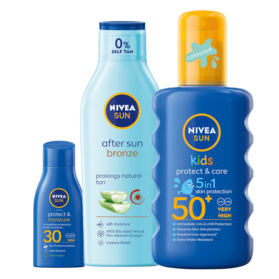 Nivea Sun Kids Protect &amp; Care set, spray de protection pour enfants, SPF 50+, 200 ml + lotion de prolongation après-soleil, 200 ml + lotion de bronzage, SPF 30, 30 ml gratuit