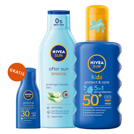 Nivea Sun Kids Protect &amp; Care set, spray de protection pour enfants, SPF 50+, 200 ml + lotion de prolongation après-soleil, 200 ml + lotion de bronzage, SPF 30, 30 ml gratuit