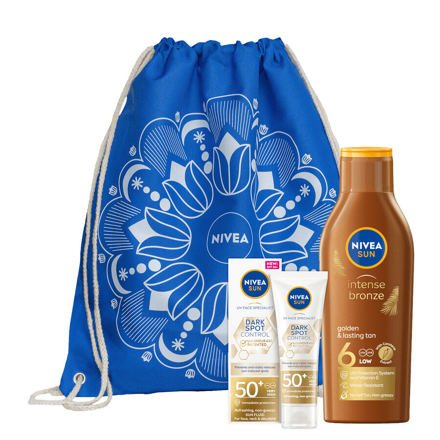 Nivea Sun Luminous 630 set, verfrissende zonnebrandcrème voor het gezicht, SPF 50+, 50 ml + caroteenzonnebrandcrème, SPF 6, 200 ml + gratis rugzakje