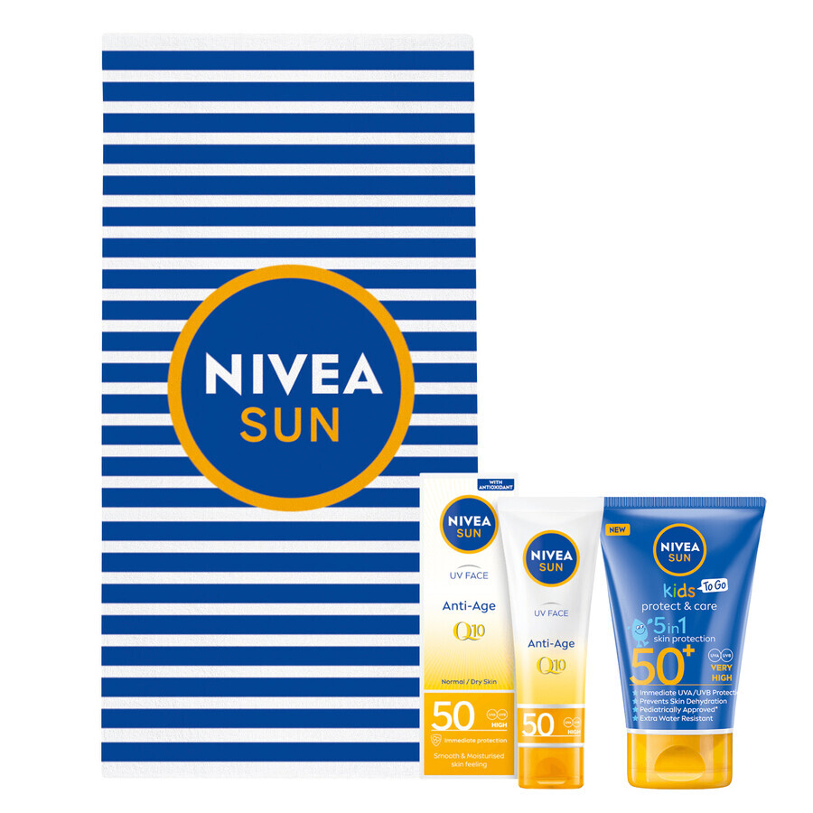 Nivea Sun Kids Protect &amp; Care set, crème solaire protectrice pour enfants 5in1, SPF 50+, 50 ml +v crème anti-âge haute protection, SPF 50, 50 ml + serviette de plage offerte