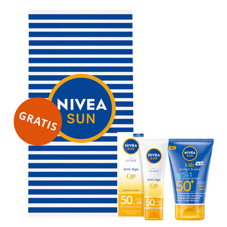 Nivea Sun Kids Protect &amp; Care set, crème solaire protectrice pour enfants 5in1, SPF 50+, 50 ml +v crème anti-âge haute protection, SPF 50, 50 ml + serviette de plage offerte