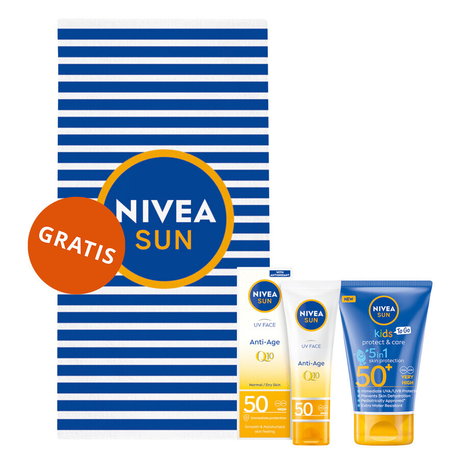 Nivea Sun Kids Protect &amp; Care set, crème solaire protectrice pour enfants 5in1, SPF 50+, 50 ml +v crème anti-âge haute protection, SPF 50, 50 ml + serviette de plage offerte