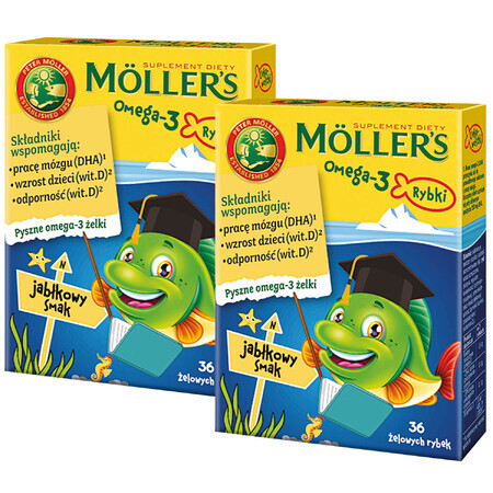 Moller's Omega-3 Fish set, gelatine, gusto mela, 2 x 36 pezzi