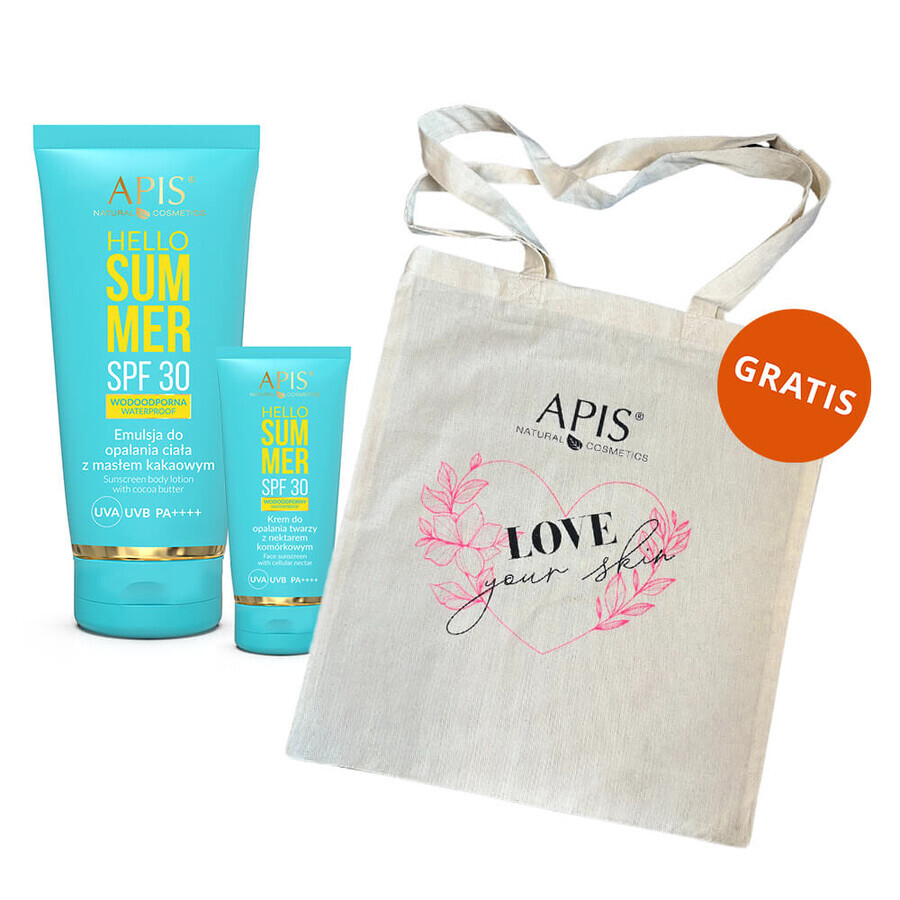 Set Apis Hello Summer, emulsione solare con burro di cacao, SPF 30, 200 ml + crema solare viso, SPF 30, 50 ml + borsa "Ama la tua pelle" in omaggio