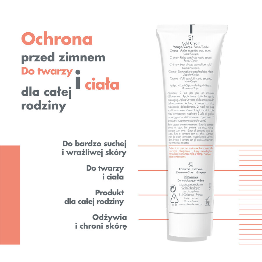 Avene Cold Cream, crema para rostro y cuerpo, pieles sensibles y muy secas, 40 ml