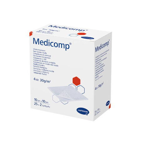 Medicomp, compresses stériles en non-tissé, 4 couches, 30 g/m2, 10 cm x 10 cm, 50 pièces.