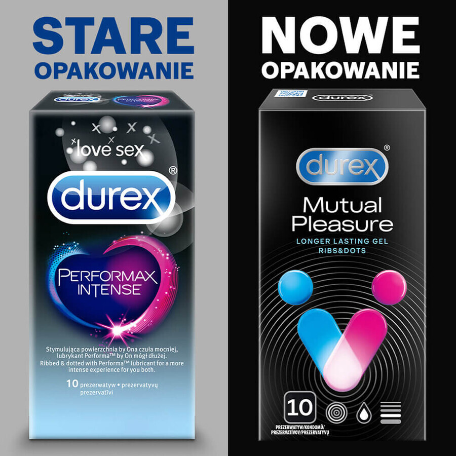 Durex Mutual Pleasure, préservatifs de longue durée avec lubrifiant, nervurés avec passepoil, 10 pièces